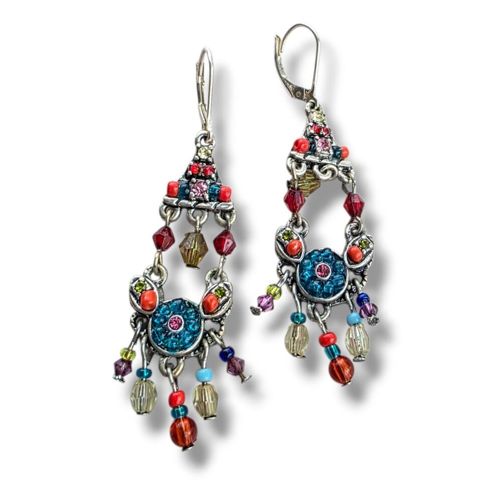 PJE Beaded Boho Dangle Earrings Retro Look Multicolored Crystal 925 Silver Stamp
